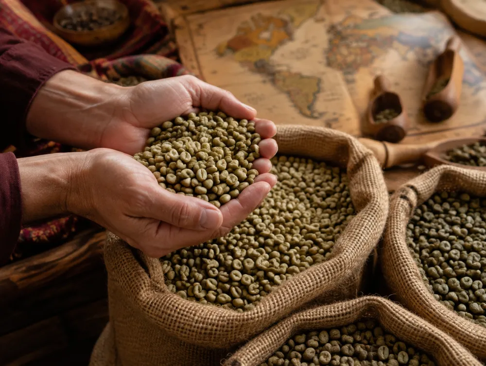 Hands holding green coffee beans above jute sacks from different origins