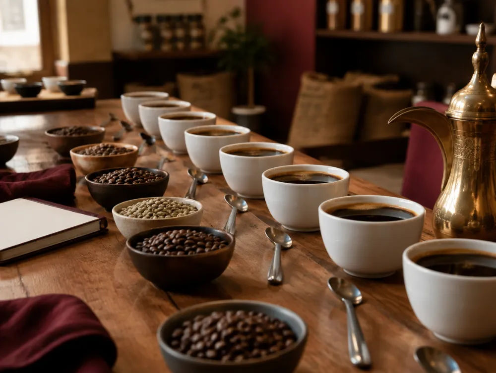Coffee cupping table with brewed coffee, beans and a brass dallah